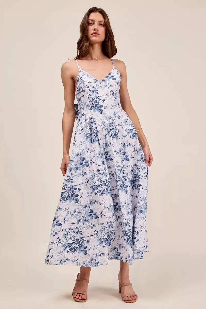 SO ME Floral Woven V Neck Dress With Back Ribbon Tie
