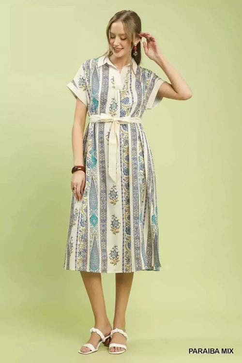 Umgee Vertical Print Tie Waist Midi Dress
