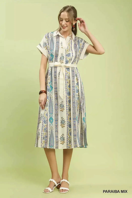 Umgee Vertical Print Tie Waist Midi Dress