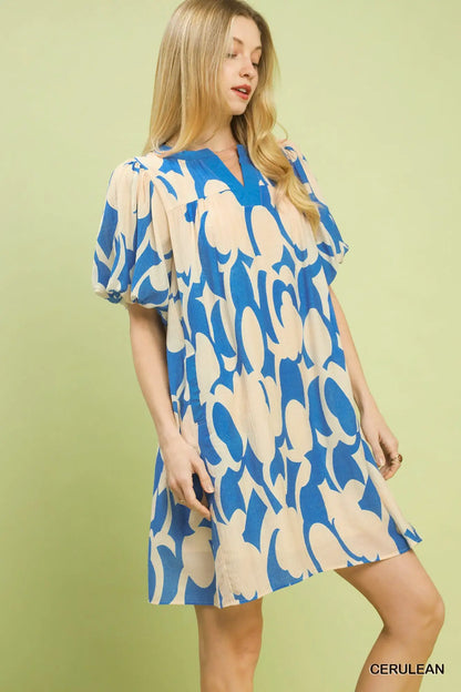 Umgee Abstract Print Puff Sleeve Shift Dress