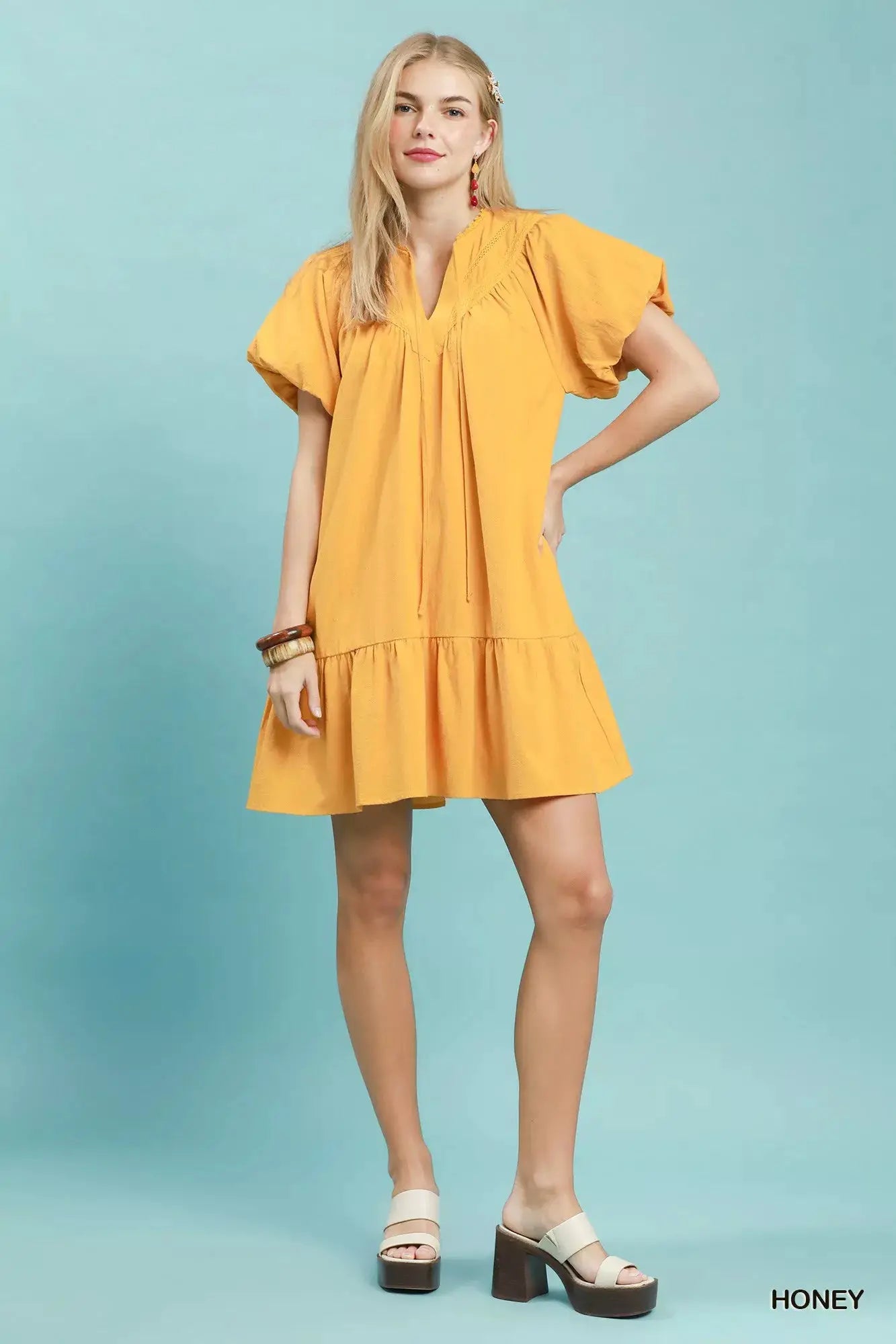 Umgee Flutter Sleeve Tassel Tie Ruffle Hem Mini Dress
