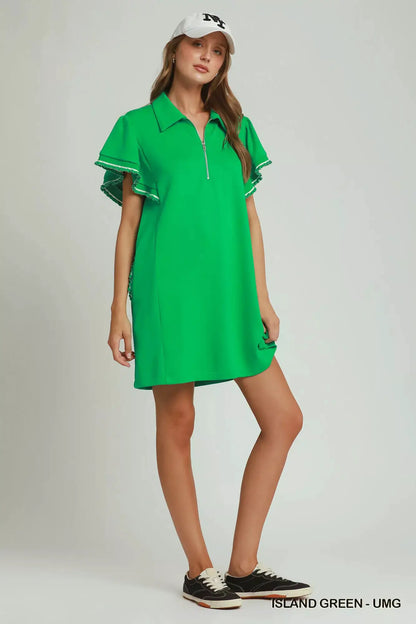 Umgee Half Zip Ruffle Rib Band Butterfy Sleeve Mini Dress with Pockets