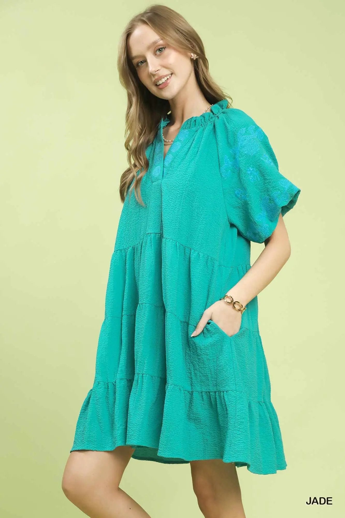 Umgee Embroidered Tiered Puff Sleeve Mini Dress