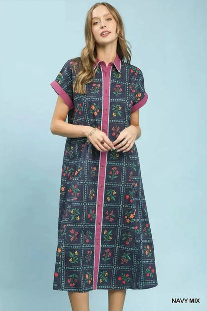 Umgee Mix Floral Button-Front Midi Dress