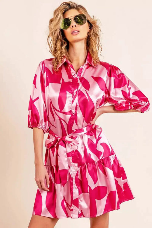 BiBi Leaf Pattern Collared Satin Dress
