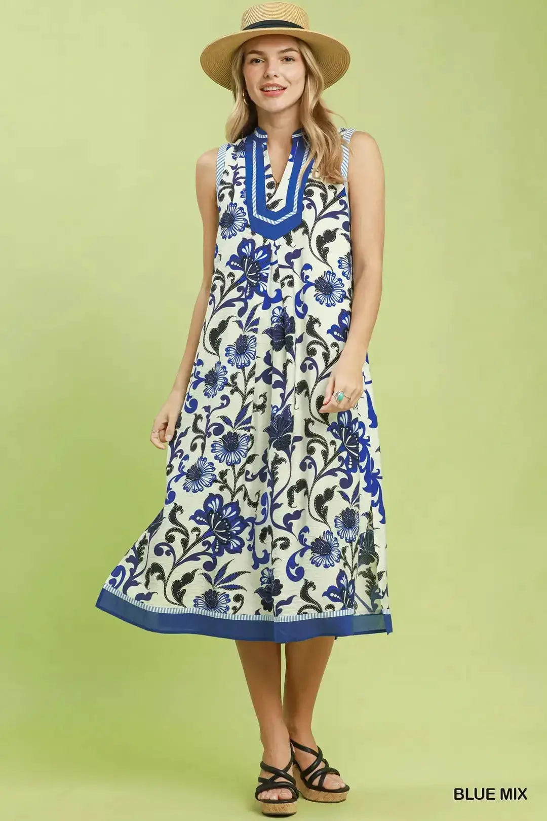 Umgee Floral Scroll Sleeveless Midi Dress