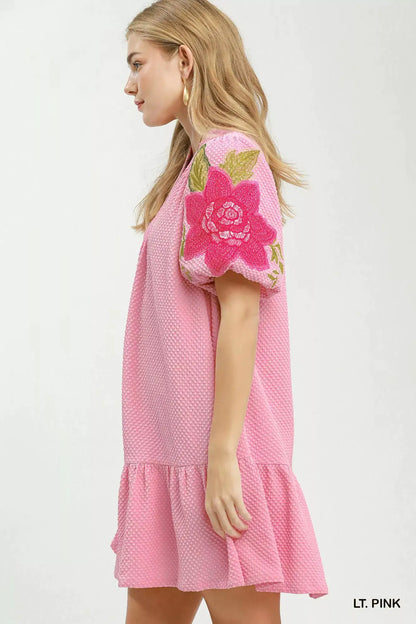 Umgee Floral Embroidered Textured Jacquard Dress