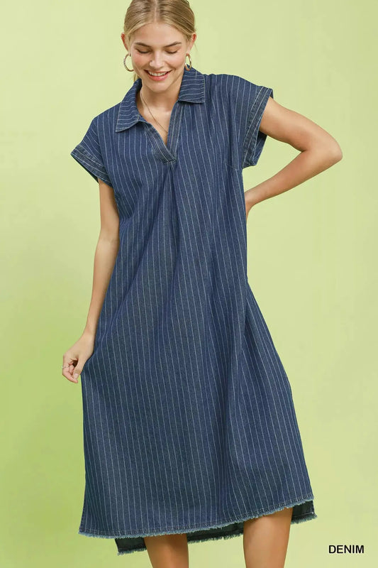Umgee Pinstripe Denim Collared Midi Dress with Side Slits