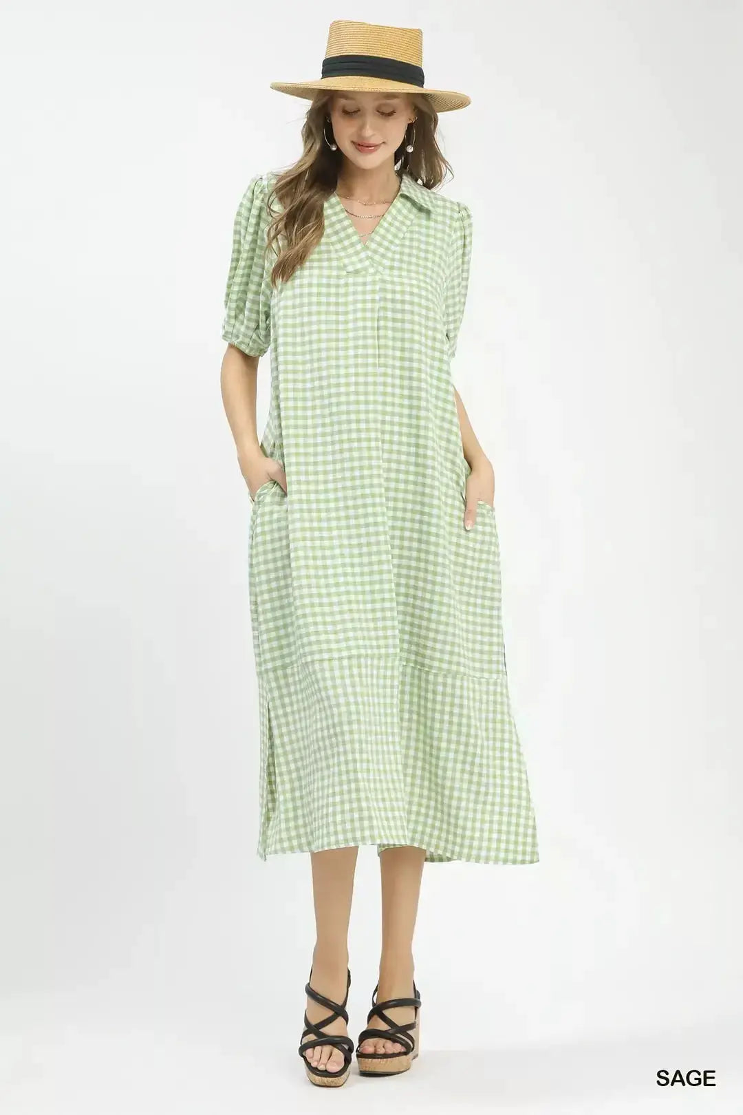 Umgee Gingham Midi Dress with Side Pockets