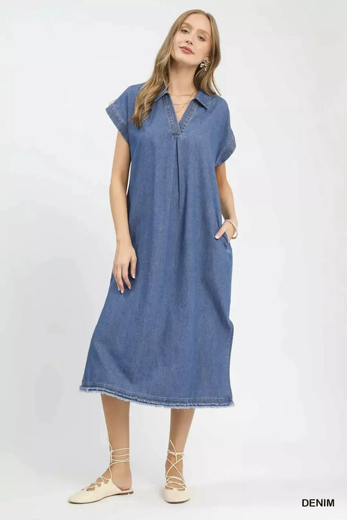 Umgee Stone Washed Collared Denim Midi Dress