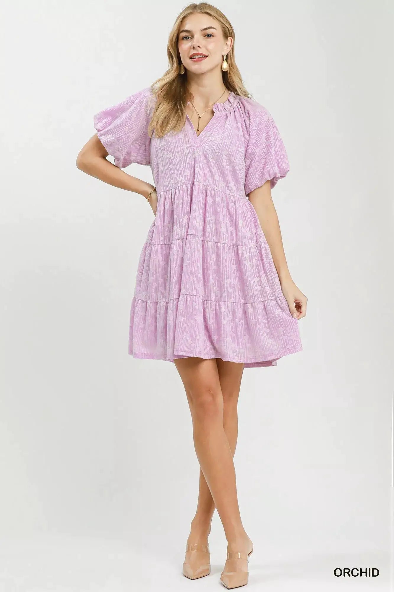 Umgee Jacquard Puff Sleeve Mini Dress