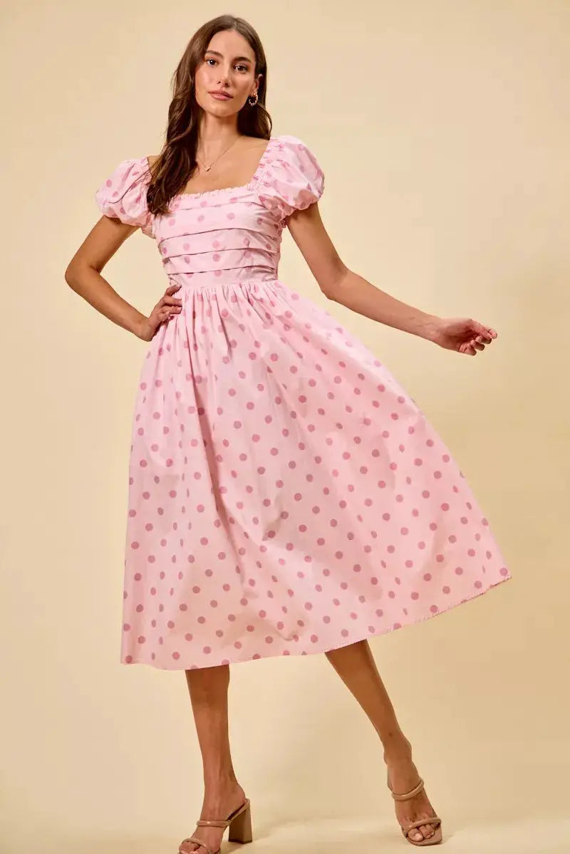 SO ME Polka Cotton Print Short Sleeves Midi Dress