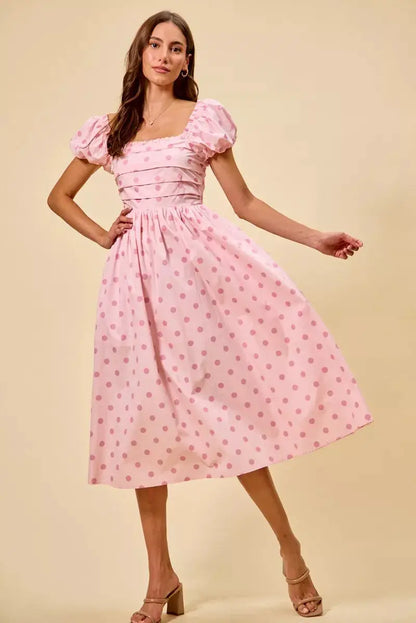 SO ME Polka Cotton Print Short Sleeves Midi Dress