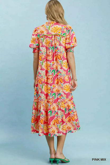 Umgee Floral Print Puff Sleeve Tiered Midi Dress
