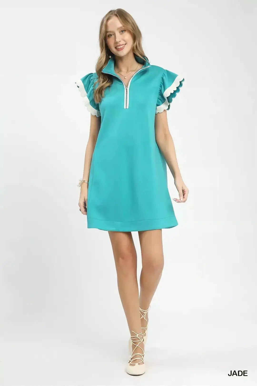 Umgee Zip-Neck Flutter Sleeve Dress