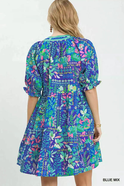 Umgee Mix Botanical Print Puff Sleeve Tiered Dress