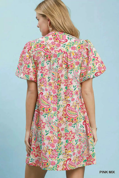 Umgee Paisley Floral Puff Sleeve Shift Dress