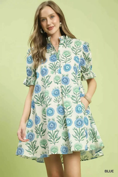 Umgee Floral Puff Sleeve Babydoll Dress with Side Pockets