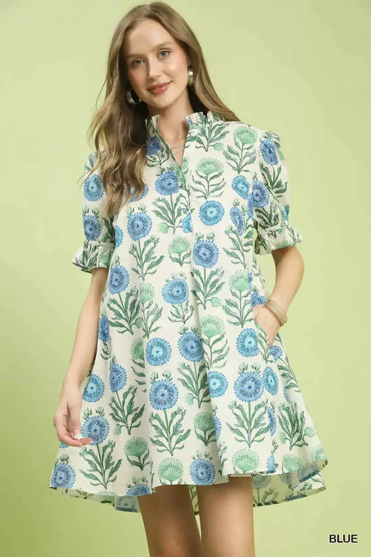 Umgee Floral Puff Sleeve Babydoll Dress with Side Pockets