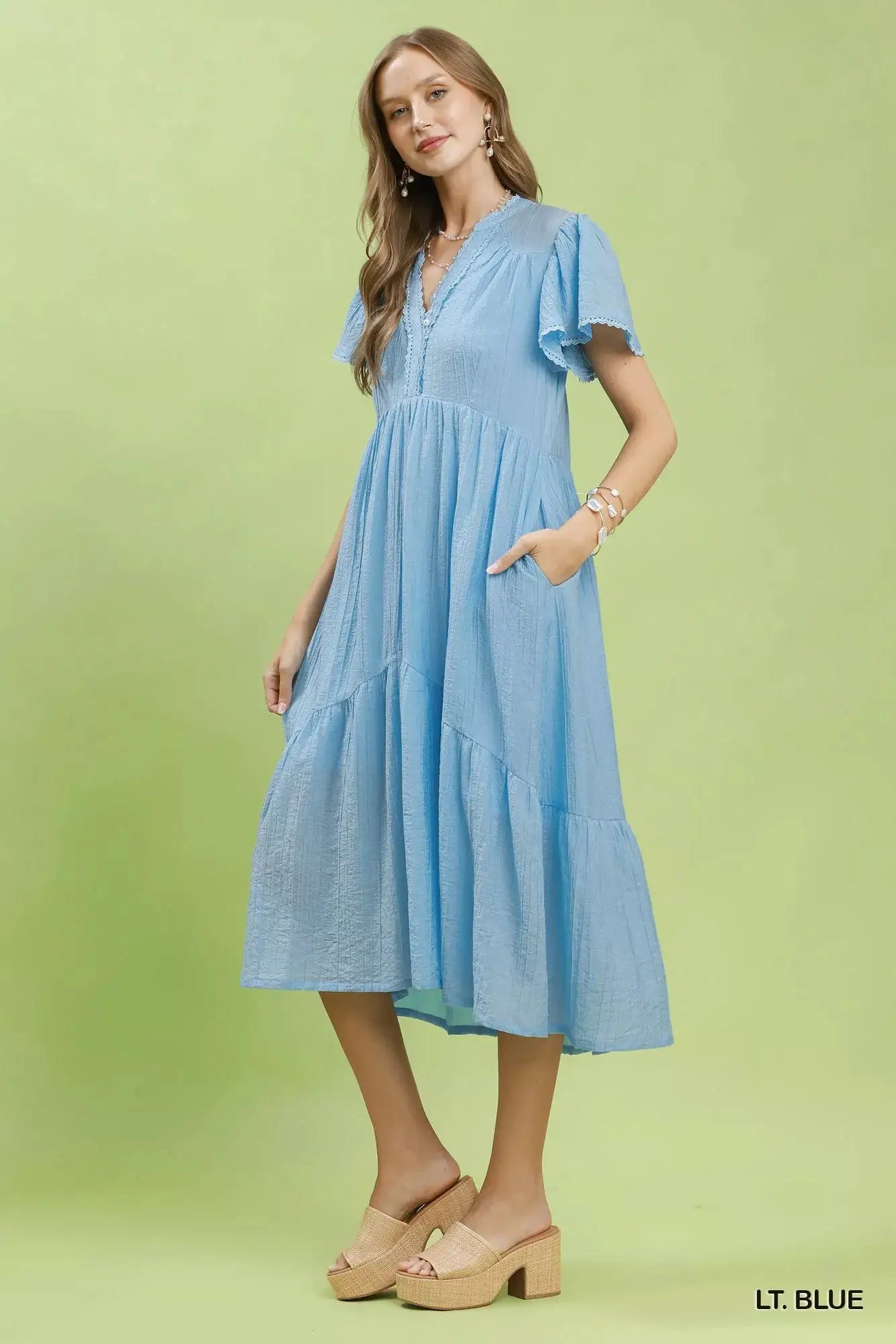 Umgee Textured Tiered Midi Dress with Side Pockets