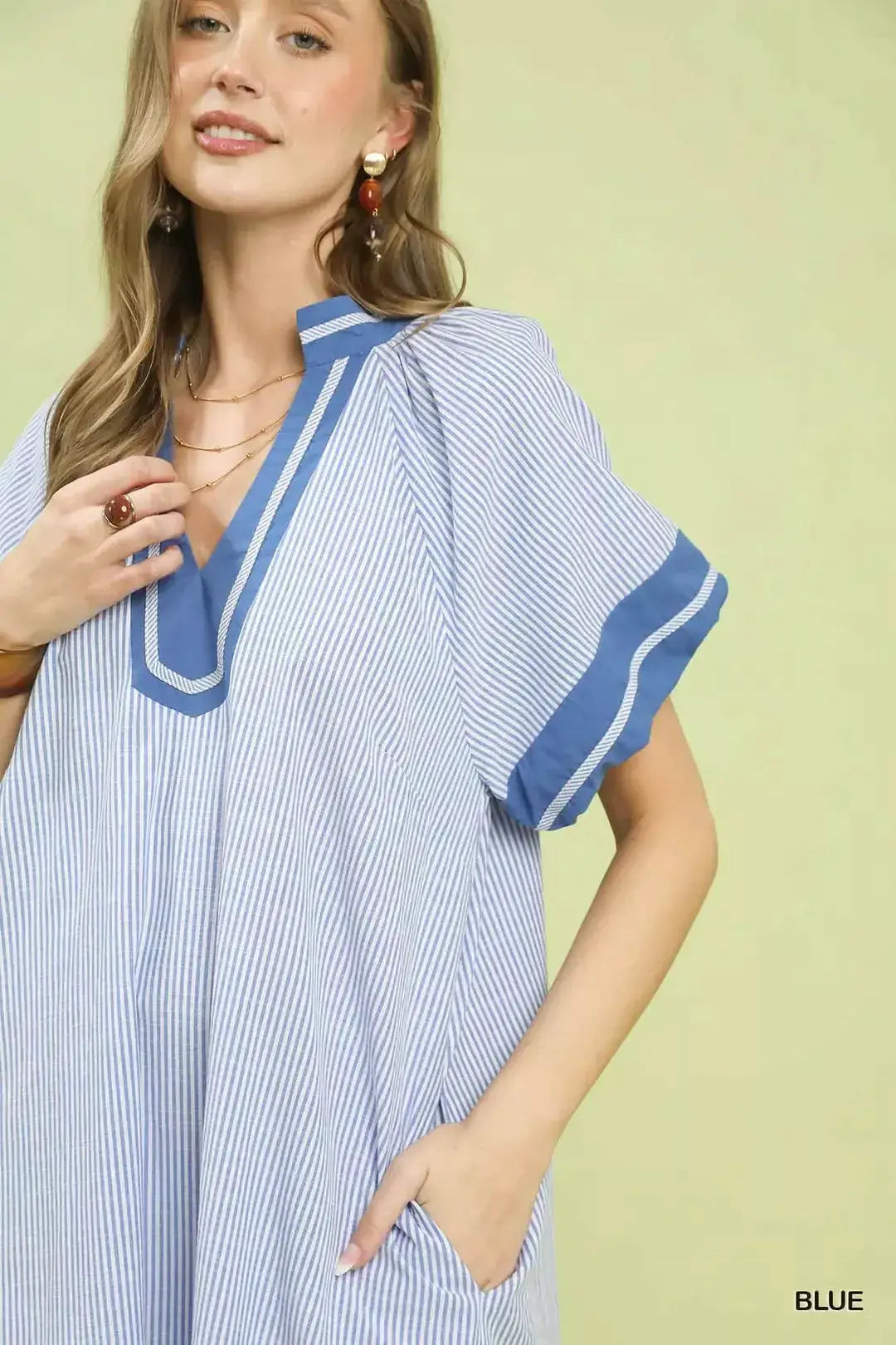 Umgee Pinstripe Contrast Trim Midi Dress
