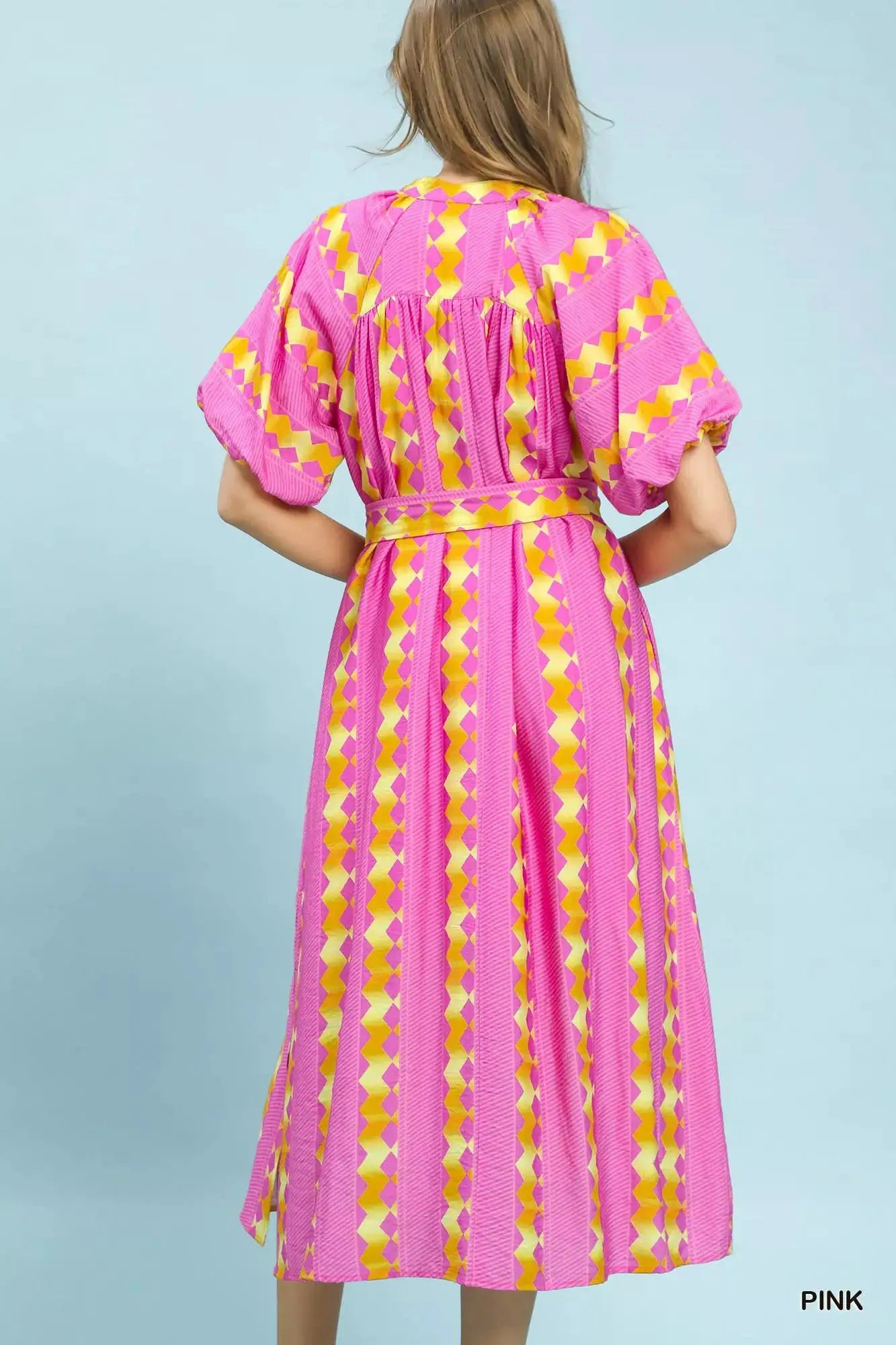 Umgee Geo Stripe Smocked Waist Tie Dress