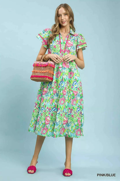 Umgee Bold Mixed Floral Tiered Midi Dress