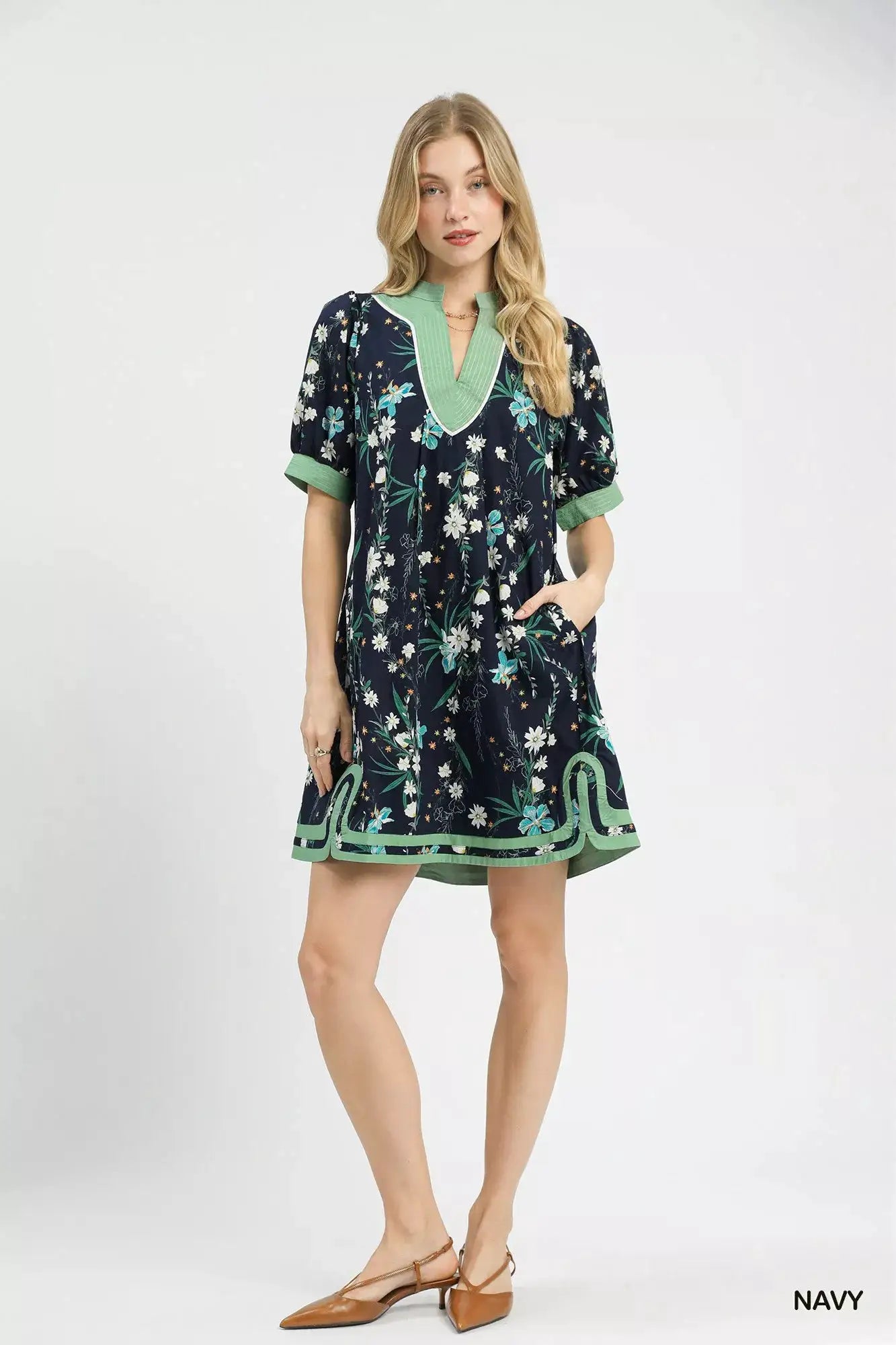 Umgee Floral Puff Sleeve Dress with Contrast Trim