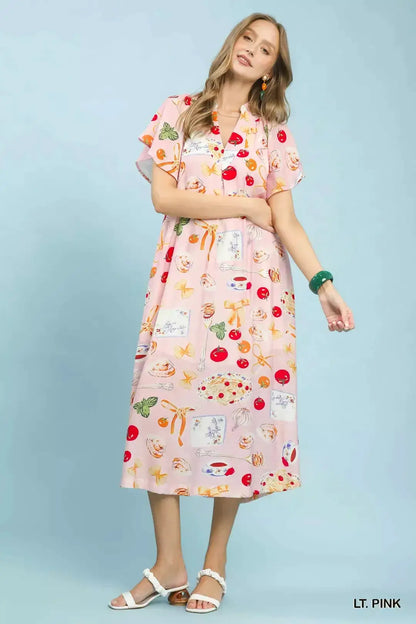 Umgee Abstract Print Flutter Sleeve Midi Dress