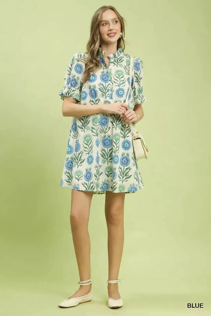 Umgee Floral Puff Sleeve Babydoll Dress with Side Pockets