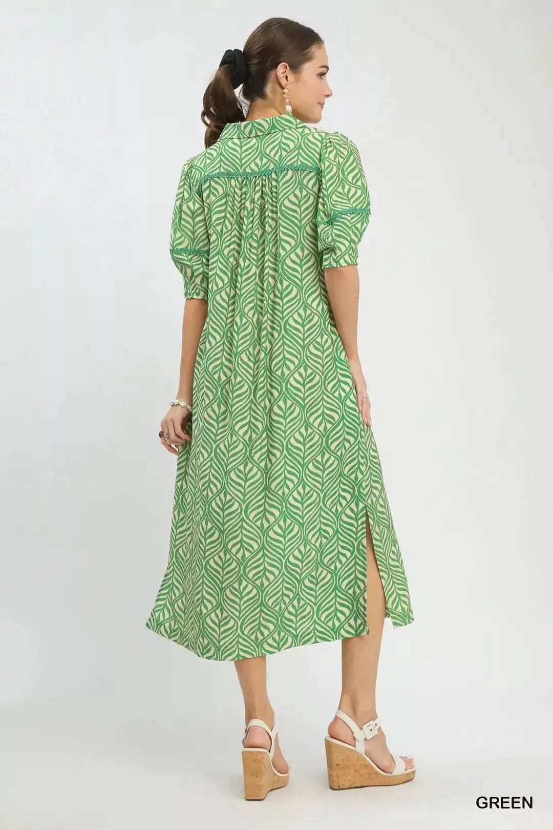 Umgee Printed Puff Sleeve Midi Dress with Pockets