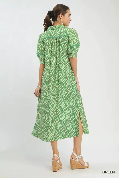 Umgee Printed Puff Sleeve Midi Dress with Pockets