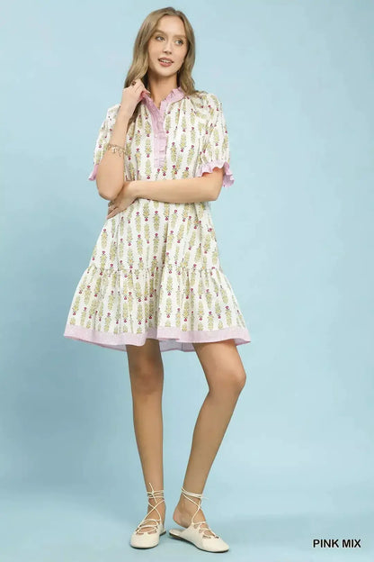 Umgee Striped Trim Floral Tiered Mini Dress