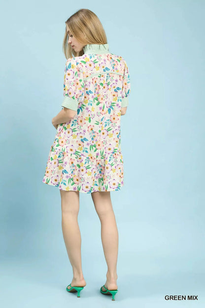 Umgee Mix Floral Ruffle Collar Tiered Babydoll Dress