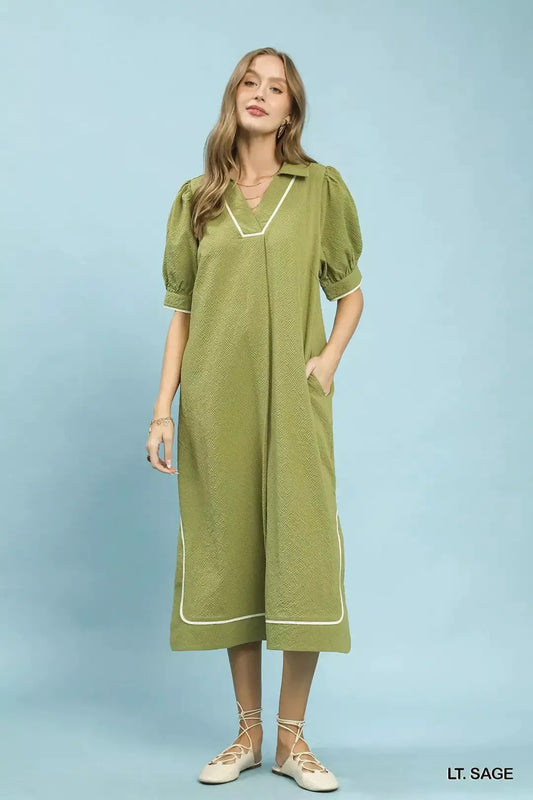 Umgee Seersucker Midi Dress with Contrast Trim