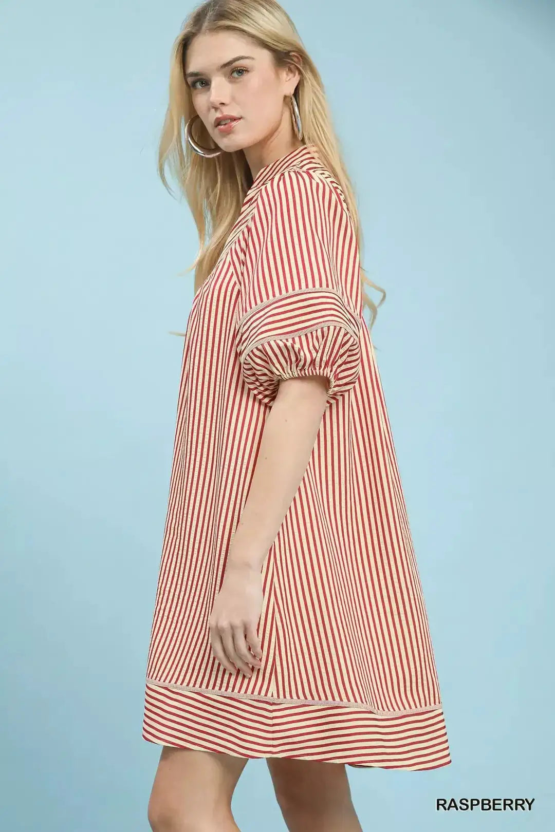 Umgee Striped Puff Sleeve Shift Dress