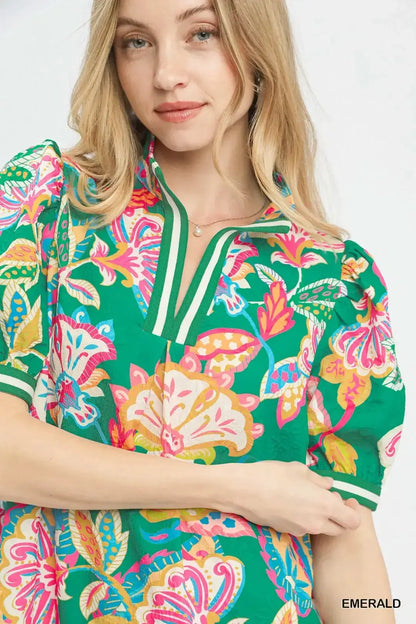 Umgee Jacquard Paisley Print Puff Sleeve Tunic Dress