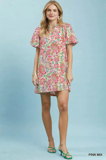 Umgee Paisley Floral Puff Sleeve Shift Dress