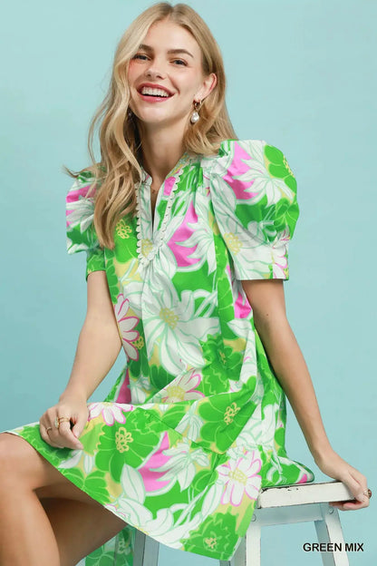 Umgee Floral Puff Sleeve Tiered Mini Dress