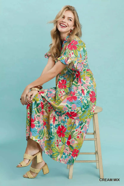 Umgee Tropical Floral Ruffle Sleeve Tiered Midi Dress