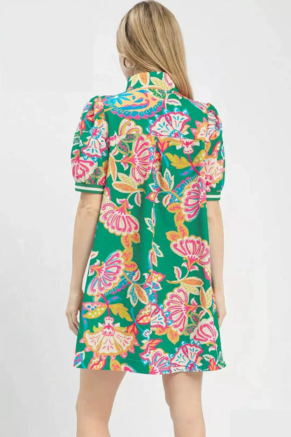 Umgee Jacquard Paisley Print Puff Sleeve Tunic Dress