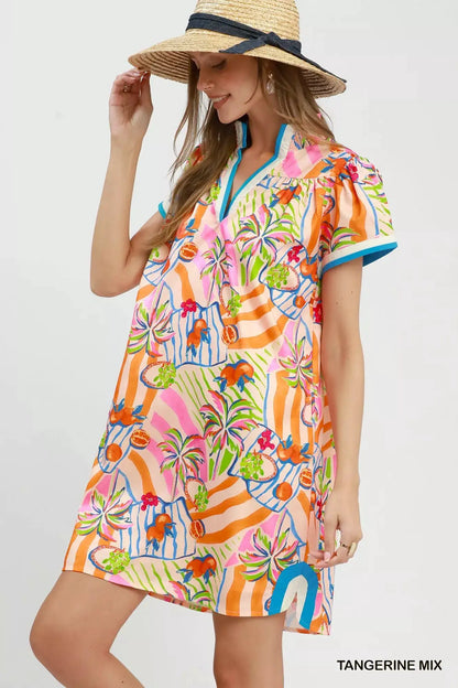 Umgee Tropical Print Collared Shift Dress