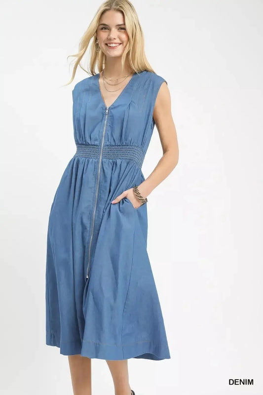 Umgee Denim Sleeveless Zip-Front Smocked Waist Midi Dress