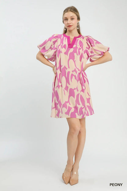 Umgee Abstract Print Puff Sleeve Shift Dress
