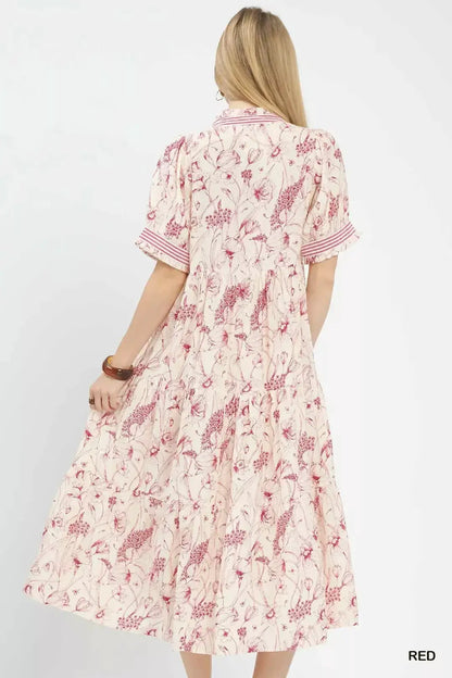 Umgee Floral Tiered Midi Dress with Ruffle Trim