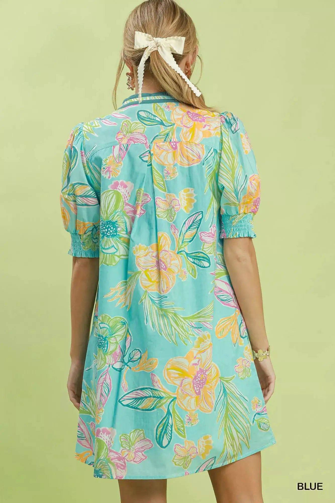 Umgee Botanical Print Dress with Smocked Cuffs