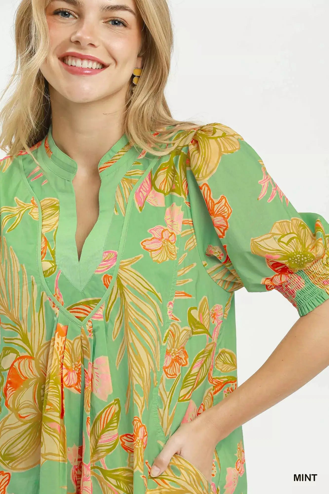 Umgee Botanical Print Dress with Smocked Cuffs