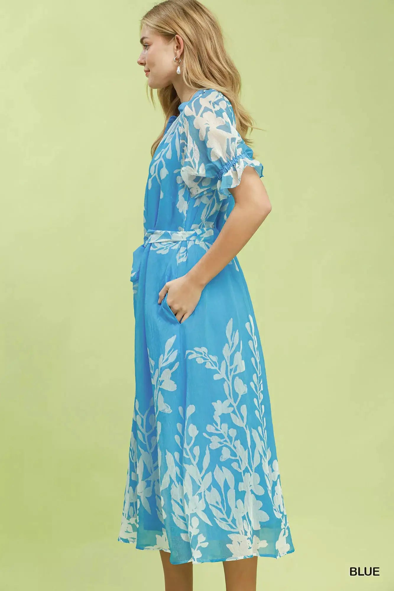 Umgee Floral Print Tie Waist Midi Dress with Side Pockets