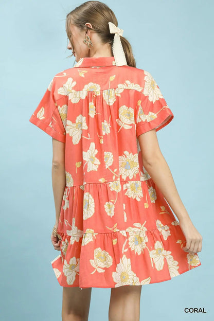 Umgee Floral Tiered Collared Babydoll Dress