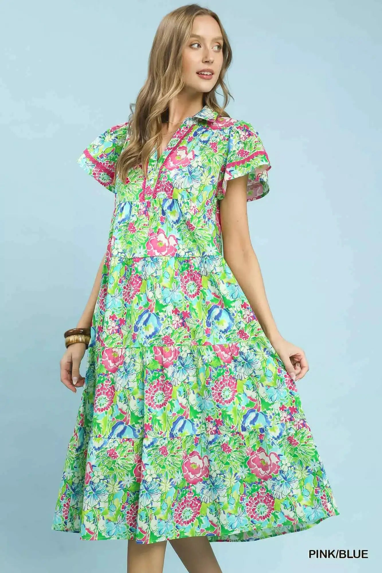 Umgee Bold Mixed Floral Tiered Midi Dress